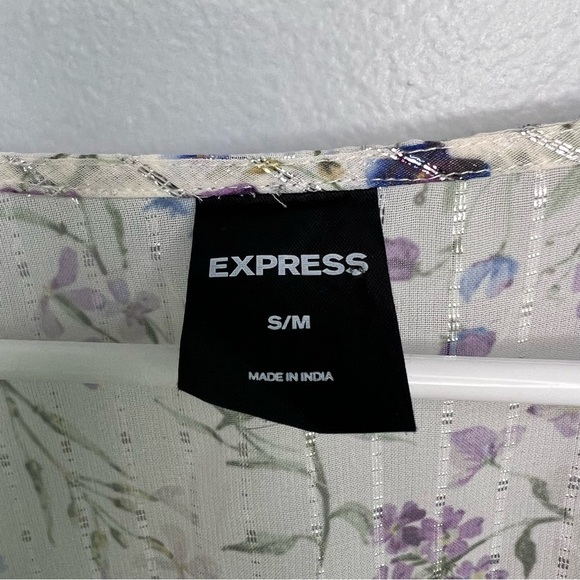 Express Floral Maxi Duster Shimmer Details Drawstring Metallic Beach Sz M boho - Picture 7 of 15